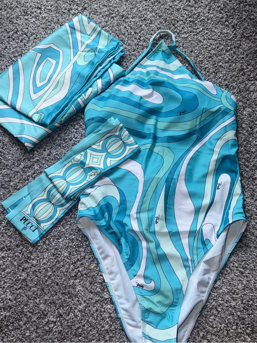 Emilio Pucci Turquoise & White Swirl Halter One-Piece  Authenticated - Picture 2 of 3
